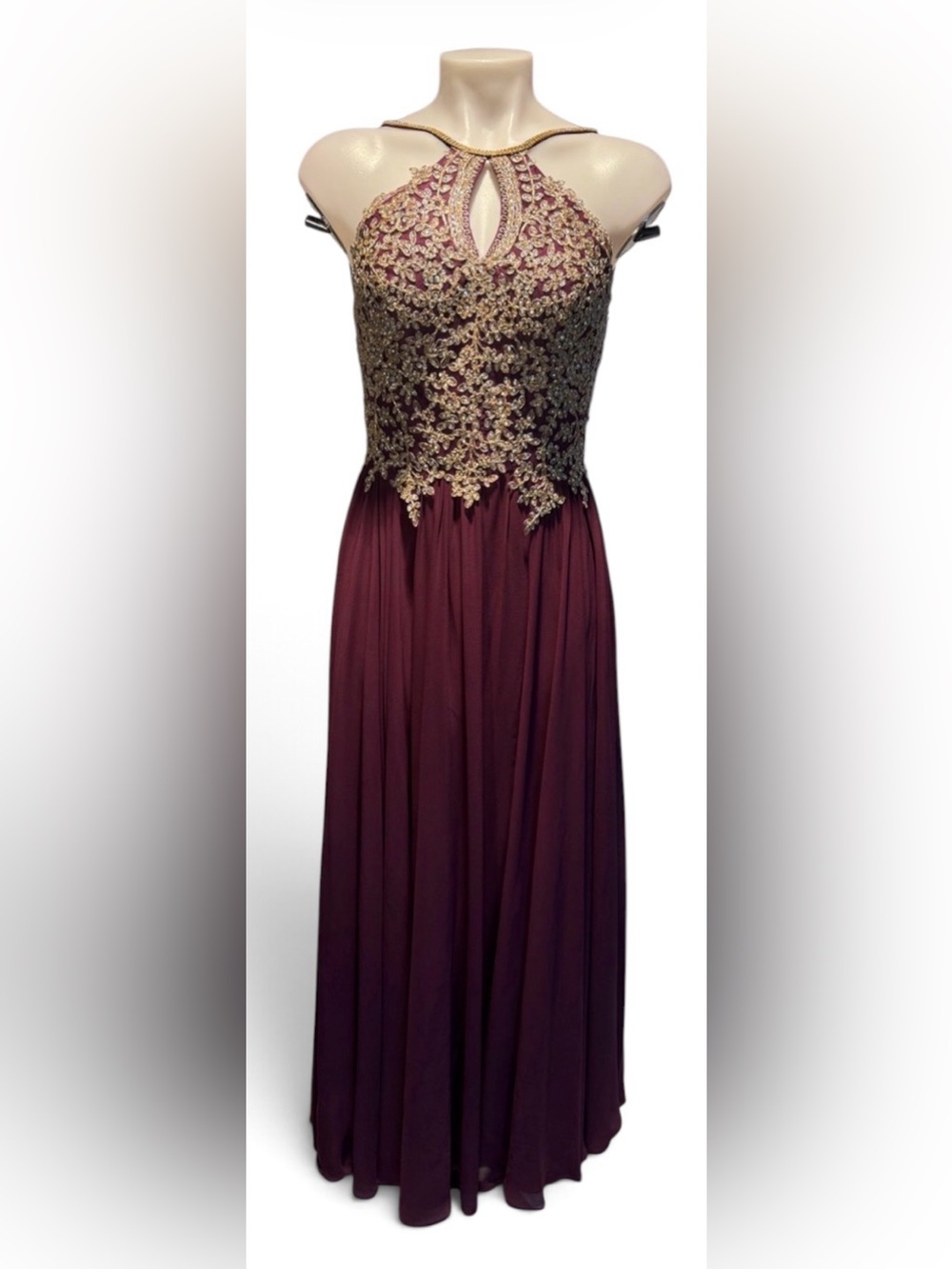 Anny Lee Burgundy Prom Gown with Gold Lace Bodice